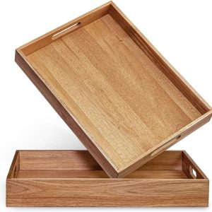 Acacia Wood Serving Tray with Handles Set of 2